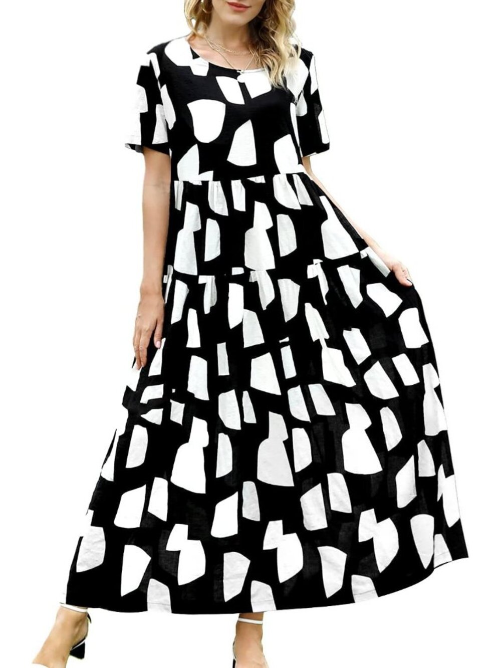 Women's Black White Crew Neck Classic Short Sleeve Pull On Floral Maxi Dresses - Picture 1 of 5
